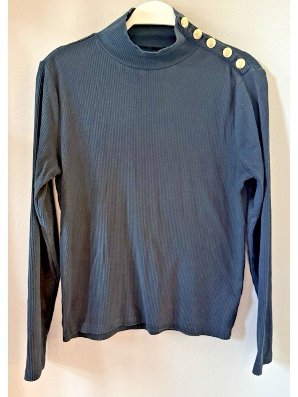 J.Crew Rib Turtleneck Top Women's Sz L Black Mock Neck Gold Buttons Quiet Luxury